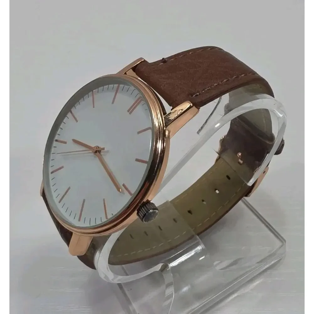 Rose Gold Tone Wristwatch W/ Adjustable Brown Buckle Band New Battery W282